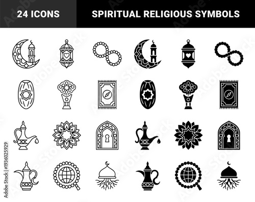 Islamic culture hybrid symbol collection featuring crescent moon minaret lantern heart prayer rug compass and globe rosary in outline and glyph style