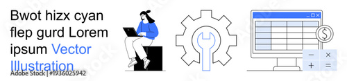 Business solutions, technology, data analysis, financial planning, software tools, digital workflow. Woman with a laptop, gear icon and spreadsheet software on a monitor. Business solutions