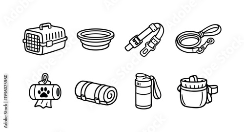 Collection of essential pet travel and outdoor accessories in a simple line art style