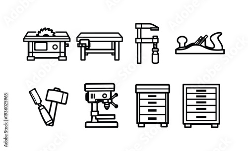 Collection of woodworking tools and equipment icons in a clean, modern line art style