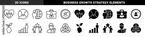 Human resources and business management icons featuring hybrid conceptual symbols like growth mindset head with leaves and people inside heart