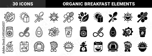 Organic nutrition and healthy breakfast hybrid symbols featuring coffee bean leaves cereal infinity loops and almond heart shapes in dual styles