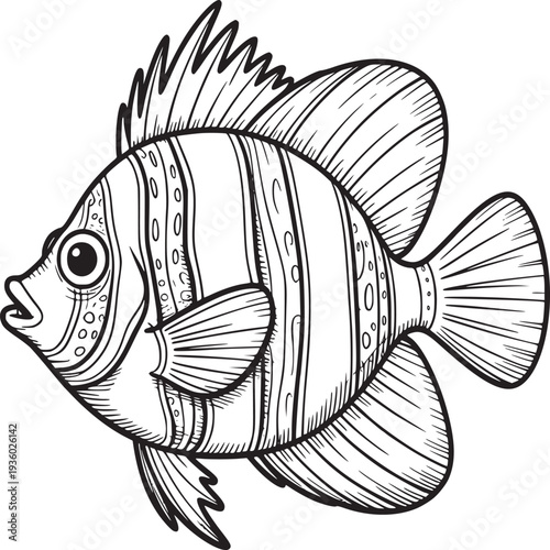 Detailed line art illustration of a striped tropical fish with prominent fins and large eye on white