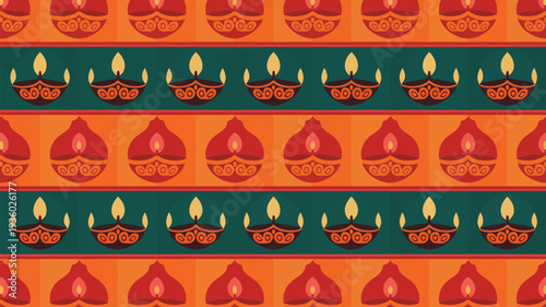 Vibrant Diwali diya lamp pattern in orange and green for festive decor