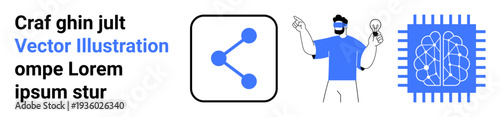 Artificial intelligence, innovation, data sharing, knowledge exchange, network systems, technology connection. Brain, sharing icon and a person with a light bulb. AI and innovation concept