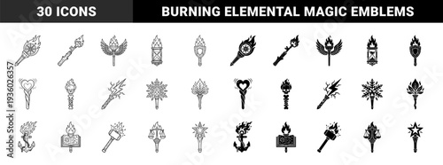 Collection of mystical fantasy torches merging fire with symbolic elements like hourglass compass anchor and skull in outline and solid styles