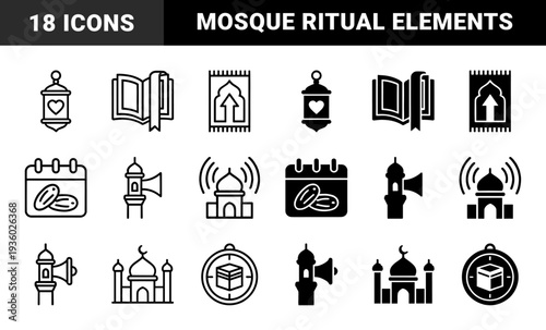 Islamic religious symbols featuring hybrid mosque radio waves and minaret loudspeaker designs in a consistent dual outline and solid black style