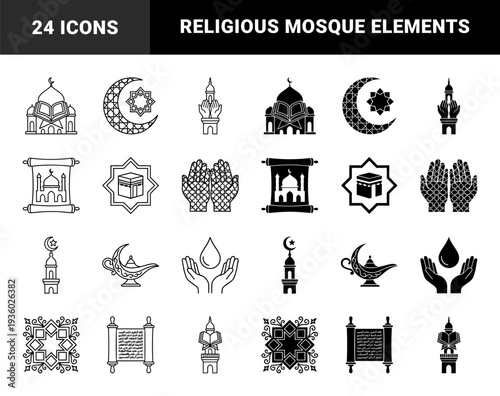 Islamic spiritual symbol collection featuring hybrid mosque architecture with open book and crescent moon geometry in outline and solid style