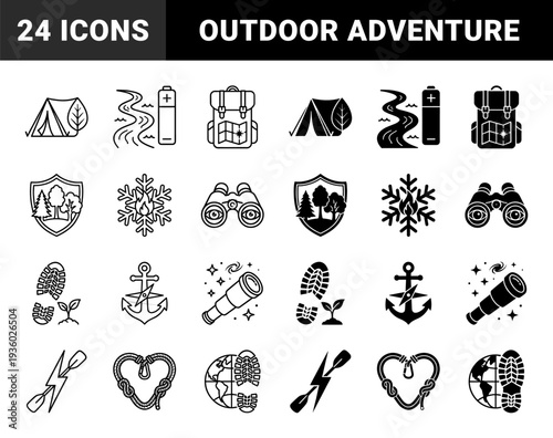 Outdoor exploration hybrid symbols merging nature and gear with camping equipment forest protection hiking tracks and navigation tools in dual styles