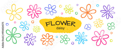 Flower doodle chalk hand drawn, paint brush leaf line icon, grunge fid flowers head outline design. Colorful simple chamomile sketch, spring cute crayon daisy blossom. Summer vector illustration