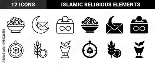 Islamic ramadan hybrid icons featuring date bowls crescent moon envelopes zakat charity boxes kaaba compasses wheat stalks and incense burners