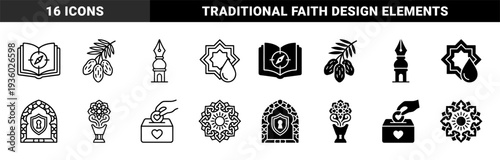 Islamic heritage hybrid symbols combining traditional religious motifs with modern geometric elements including mosque pen nib and quran compass