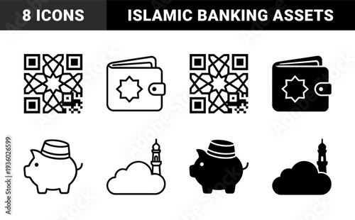 Islamic finance and digital sharia banking icons featuring qr code with geometric patterns and piggy bank with fez hat in line and solid style