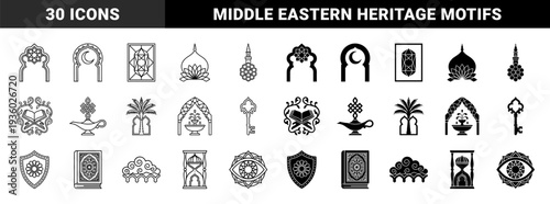 Islamic cultural symbols merged with mystical elements featuring moon arches minaret honeycombs lotus domes and ornate filigree key motifs