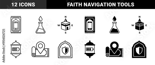Islamic spiritual practice and modern lifestyle hybrid icons featuring prayer mat smartphone and Kaaba compass navigation in outline and solid styles