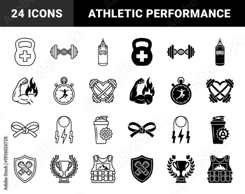 Hybrid Fitness and Athletic Performance Icons Featuring DNA Barbells Muscle Flames Heart Weights and Tactical Training Gear in Outline and Solid Style