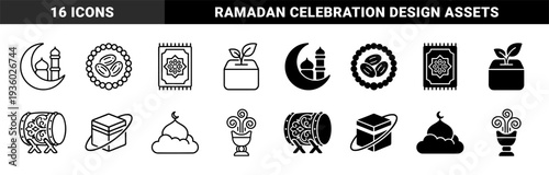 Islamic religious symbols featuring crescent moon with minaret mosque prayer rug and kaba box in dual outline and solid hybrid graphic style