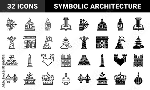 Architectural Landmark Hybrid Icons Merging Historic Monuments with Conceptual Symbols Like Compass Hourglass Gear Heart and Magnifying Glass