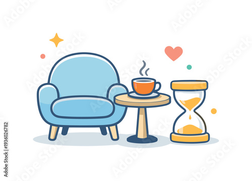 Cozy armchair with coffee and hourglass, representing relaxation and time passing