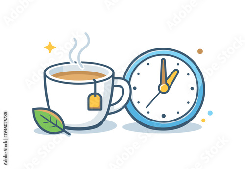 Hot tea in a mug next to a clock, symbolizing break time or relaxation