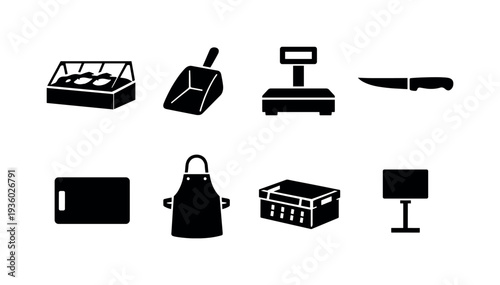 Collection of grocery store and butcher shop equipment icons on a white background