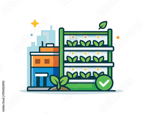 Modern vertical farm integrated with urban buildings, symbolizing sustainable agriculture