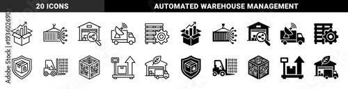 Smart logistics and automated warehouse management icons featuring hybrid symbols of digital tracking data and sustainable industrial shipping solutions