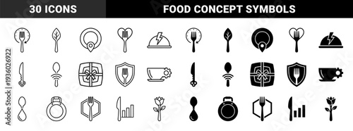 Minimalist Culinary Hybrid Symbols Featuring Fork Clock Heart Leaf Plate Location Pin Spoon WiFi Gift Box Shield Cup Gear and Flower Pot