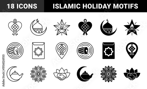 Islamic religious holiday hybrid symbol collection featuring crescent moon mosque dome ketupat heart star oil lamp and prayer bead motifs in dual line and solid style
