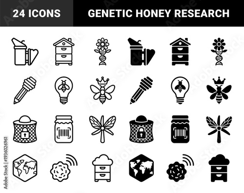 Biotechnology and Apiculture Hybrid Icons Featuring Bee Queen Crown DNA Flower Genetic Engineering Honey Dipper Pencil and Smart Hive Monitoring