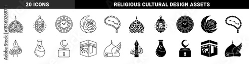 Islamic spiritual hybrid symbols merging crescent moon with rose floral elements traditional lantern light and mecca kaaba architecture in minimalist outline and solid style