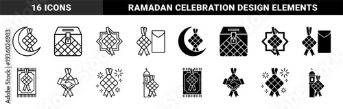Islamic religious holiday symbols featuring traditional ketupat rice cake merged with crescent moon mosque prayer mat and zakat box silhouettes