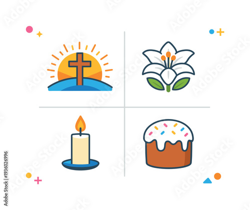 Easter symbols: cross, lily, candle, and cake with sprinkles