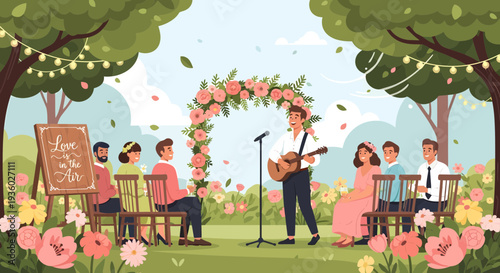 Musician Playing Guitar at Outdoor Wedding Ceremony.