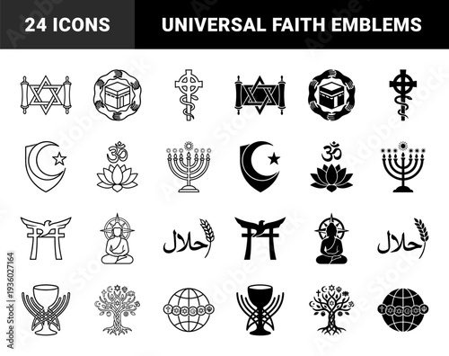 Ecumenical religious symbols merging faith icons including star of david with torah scroll kaaba with hands and cross with caduceus in linear and solid styles