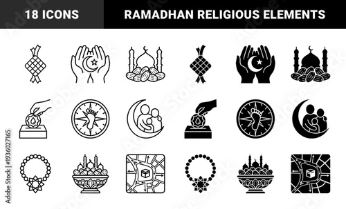 Islamic Religious Iconography Featuring Ramadhan Ketupat Dates Mosque and Moon Symbols with Geometric Arabesque Patterns and Prayer Rug Designs