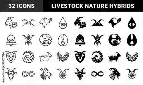 Collection of goat and capricorn hybrid symbols merging animal heads with cheese mountains bells wheat stalks and infinity loops in dual line and solid styles