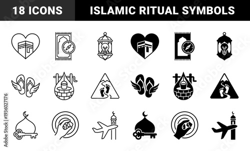 Islamic Pilgrimage Hajj and Umrah Ritual Symbols featuring Hybrid Designs like Kaaba Heart Prayer Rug Compass and Winged Sandals in Linear and Solid Styles