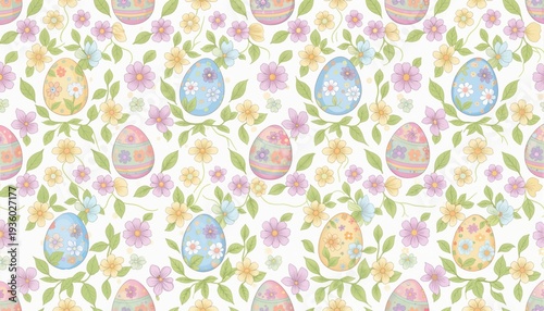 Easter seamless pattern with easter eggs, flowers and leaves on white background 
