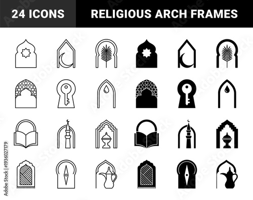 Islamic architectural arch frames integrated with religious symbols including crescent moon prayer beads minaret lantern and holy book for ramadan and eid design