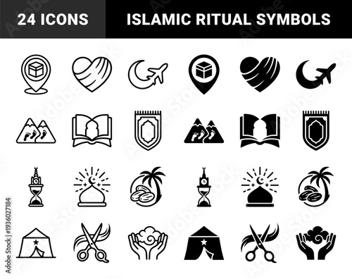 Islamic Pilgrimage Hajj and Umrah Hybrid Symbol Collection Featuring Kaaba Location Pin Heart Ihram Wrap and Crescent Moon Flight Path Imagery