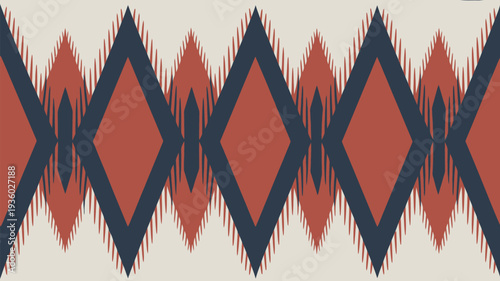 Vibrant geometric pattern with bold red and blue shapes on cream background