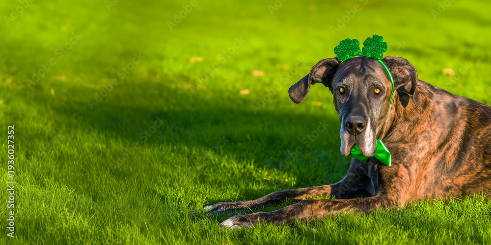 custom made wallpaper toronto digitalbrindle Great Dane adorned with clover leaves lying on bright green grass, funny St. Patrick's Day poster, copy space for text