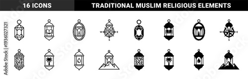 Islamic Lantern Hybrid Icons Featuring Ramadhan Symbols Including Quran Compass Palm Tree Mountain and Crescent Moon in Line and Solid Styles