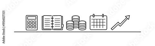 Financial planning icons: calculator, notebook, coins, calendar, and growth chart