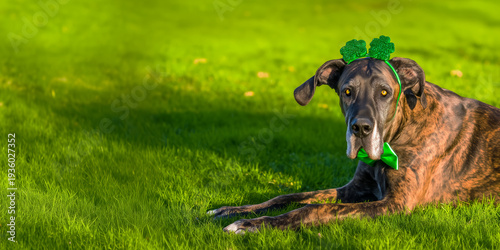 Wallpaper Mural brindle Great Dane adorned with clover leaves lying on bright green grass, funny St. Patrick's Day poster, copy space for text Torontodigital.ca