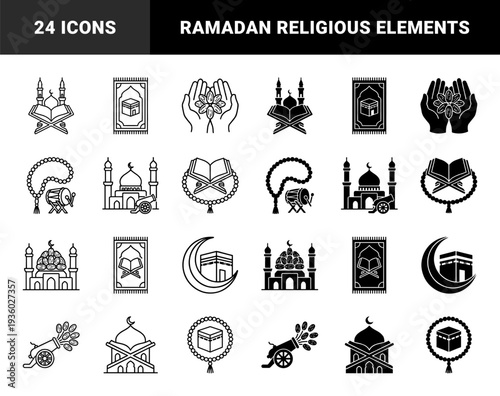 Islamic religious symbols merging traditional elements with modern hybrid concepts including mosque silhouettes quran stands prayer rugs and crescent moons