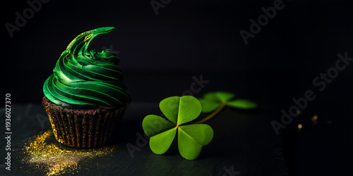 Wallpaper Mural Cupcake with green frosting, a favorite St. Patrick's Day treat, clover leaves next to baked goods, copy space for text Torontodigital.ca