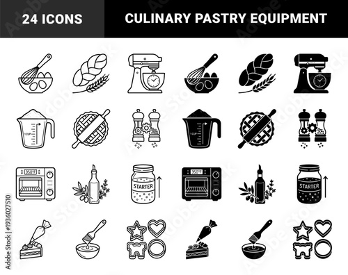 Artisan bakery and pastry preparation symbols featuring hybrid conceptual designs such as a sourdough starter jar with growth meter and a stand mixer integrated with a countdown timer