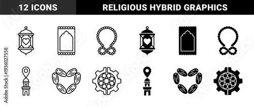 Islamic Religious Hybrid Symbols Featuring Lantern with Heart Prayer Mat Minaret Location Pin and Date Fruit arranged in Floral Gear Shapes